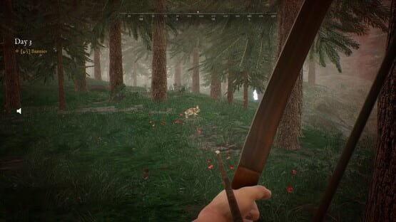 Screenshot from Bunny Hurling showing a hand holding a bow in a dense forest on Day 3 with a bunny ahead.