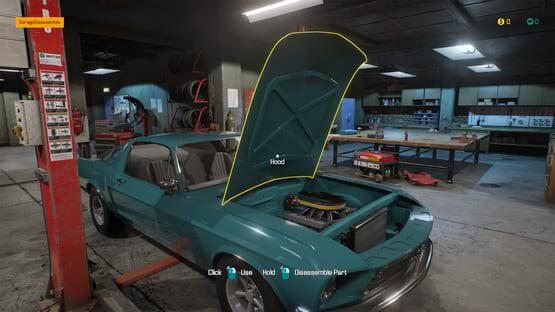 Car Mechanic Simulator 2018 screenshot: A teal car with its hood open inside a garage, showing the engine and surrounding tools.