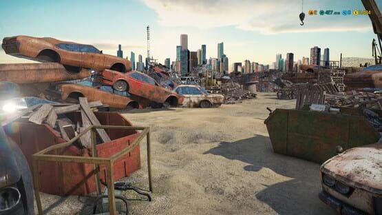 Screenshot of Car Mechanic Simulator 2018 showing a junkyard with stacked rusty cars and a city skyline in the background.
