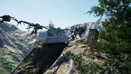 Screenshot from Bunny Guys! shows a caravan perched on a cliff with giant, dark creatures nearby against a mountainous backdrop.