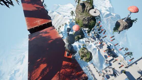 Screenshot of 'Bunny Guys!' shows a bunny character on a red platform overlooking floating islands with mushrooms and snowy terrain.