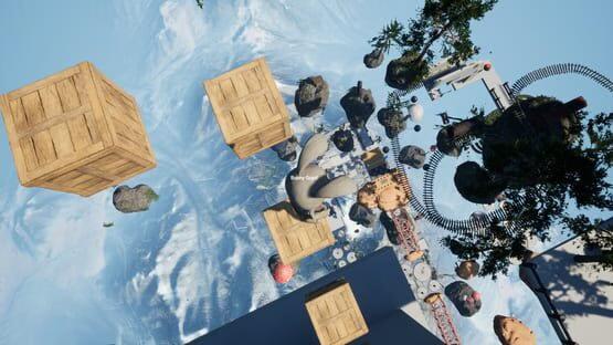 Screenshot from Bunny Guys! featuring a giant rabbit figure surrounded by floating crates and rocks in a sky landscape.