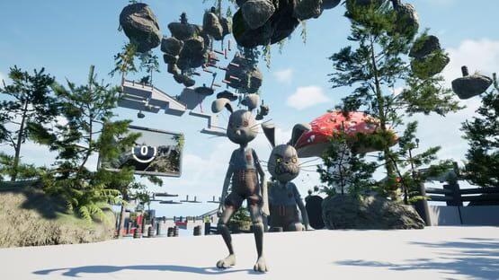 Screenshot of Bunny Guys! showing two bunny characters in a whimsical landscape with floating rocks and trees.