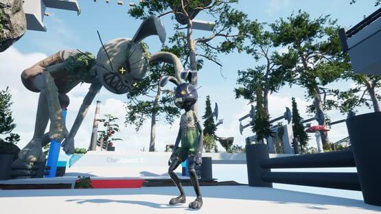 Screenshot of Bunny Guys! showing a small rabbit character standing in front of a giant, eerie bunny statue.