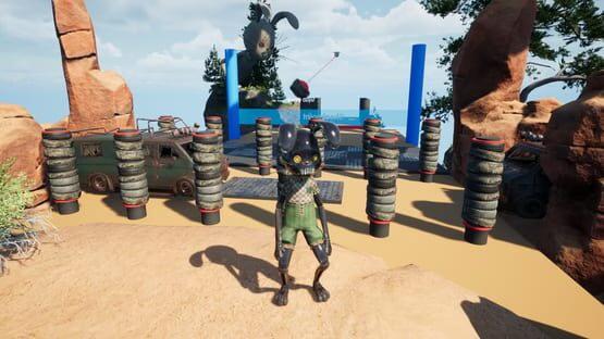 Screenshot of Bunny Guys! shows a character in green shorts standing in front of a challenge course with stacked tires and vehicles.