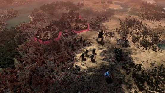 A Warhammer 40,000: Gladius - Relics of War screenshot showing a battlefield with units, structures, and terrain variations.