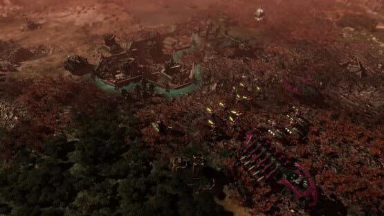 Screenshot of Warhammer 40,000: Gladius - Relics of War showing a fortress, tanks, and alien units amid a rugged, red-hued landscape.