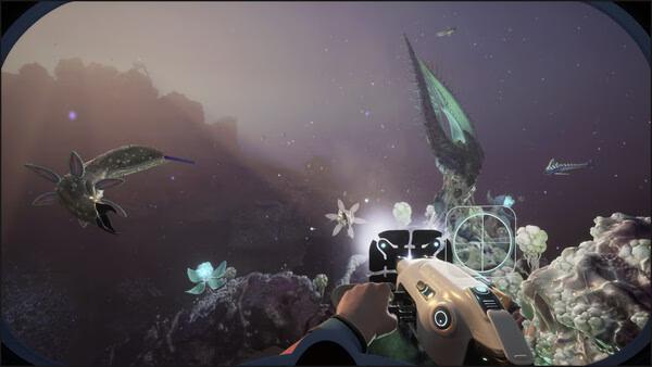 Subnautica 2 screenshot: Player explores alien underwater landscape with glowing flora and swimming marine creatures.