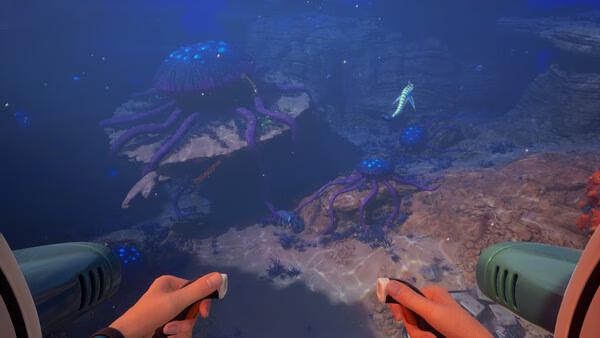 Subnautica 2 screenshot: Player controls a submersible, exploring an underwater scene with glowing jellyfish-like creatures and rocky terrain.