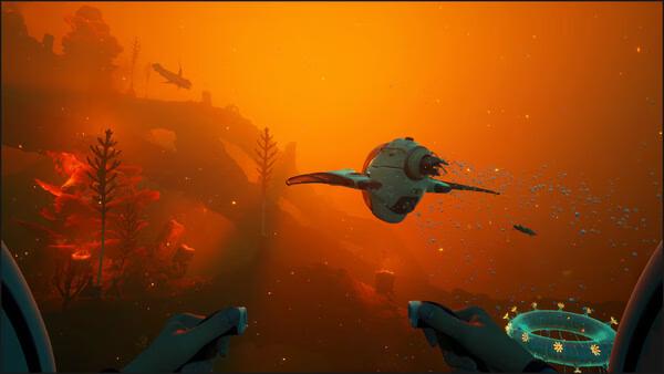 Subnautica 2 screenshot: A diver's view of vibrant marine life and a futuristic submarine amidst glowing underwater terrain.