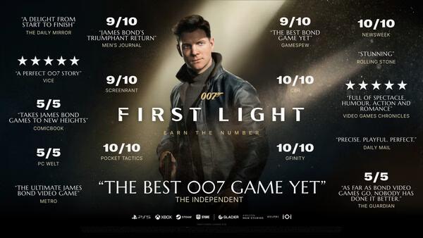 Screenshot of the game '007 First Light' displaying a blurred character surrounded by positive review scores and quotes.