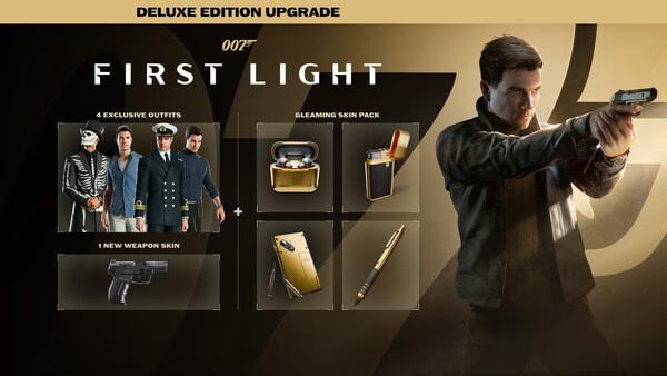 Screenshot from 007 First Light showing deluxe edition upgrades, including outfits, weapon skins, and a character aiming a gun.