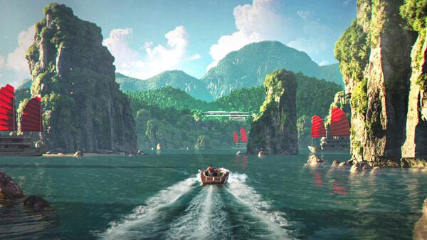 Screenshot from 007 First Light showing a speedboat navigating through a lush, mountainous landscape with red-sailed boats nearby.