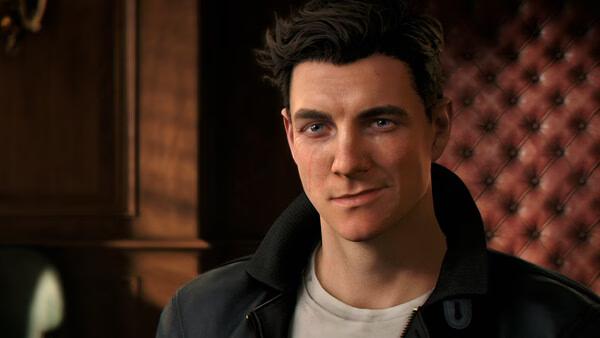 Screenshot from 007 First Light showing a character in a leather jacket against a textured, red wall background.