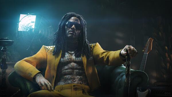 Game screenshot from '007 First Light' showing a character in a yellow suit with tattoos, seated in a dimly lit room.