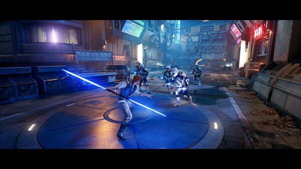STAR WARS Jedi: Survivor™ screenshot of a Jedi wielding a blue lightsaber, facing stormtroopers in a futuristic city setting.