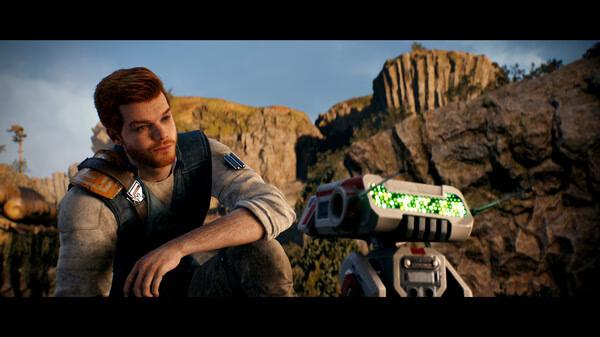 STAR WARS Jedi: Survivor™ screenshot: A character crouches beside a droid in a rocky landscape under a clear sky.