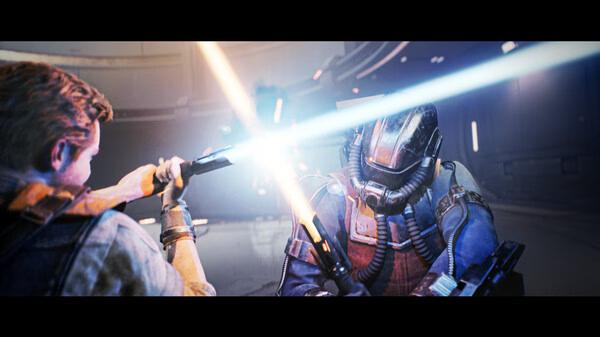 STAR WARS Jedi: Survivor™ screenshot showing a lightsaber duel between the protagonist and an armored foe in a futuristic setting.