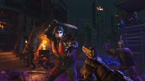 Dying Light 2 Stay Human: Reloaded Edition screenshot: Player aims gun at an attacking zombie in a dark, post-apocalyptic urban setting.