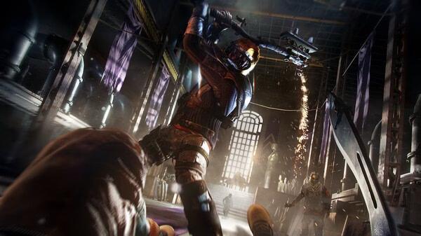 Dying Light 2 Stay Human: Reloaded Edition screenshot shows a menacing figure wielding a weapon in a dimly lit, industrial setting.