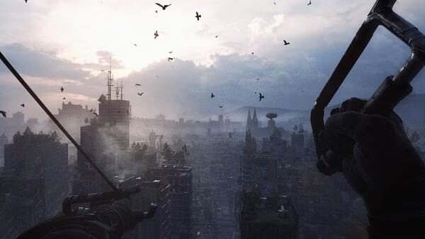 Screenshot from Dying Light 2 Stay Human: Reloaded Edition showing a player ziplining over a post-apocalyptic city at dusk.