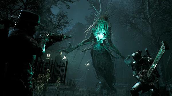 REMNANT II® screenshot: Two players confront a large, glowing tree creature in a dark, eerie forest setting.