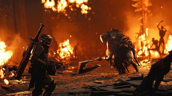 REMNANT II® screenshot: A heavily armored character confronts a large creature amidst burning debris and silhouetted figures.