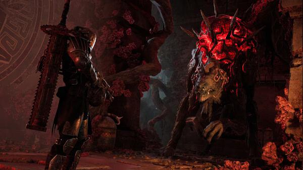 REMNANT II® screenshot of a player character facing a large, glowing red creature in a dimly lit, overgrown environment.