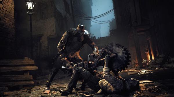 REMNANT II® screenshot: A rugged character in a hat wields a serrated blade, towering over a fallen opponent in a dimly lit alley.