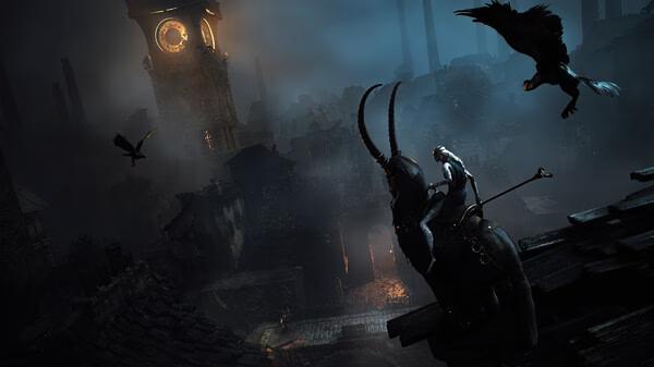 A screenshot from REMNANT II® shows a character atop a horned creature overlooking a dark, eerie city with flying ravens and a glowing clock tower.