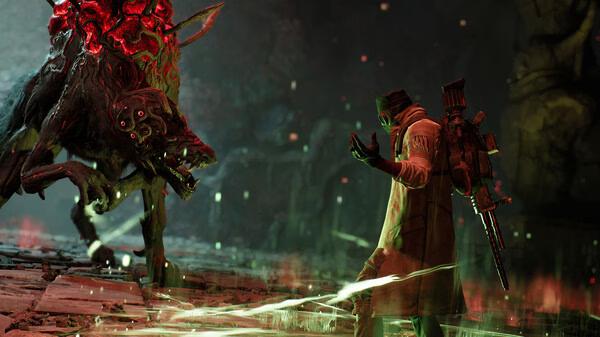 A REMNANT II® screenshot showing a player facing a glowing, red monstrous creature in a dark, eerie environment.