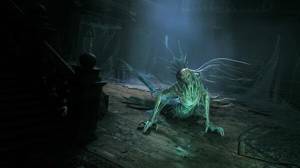 A screenshot from REMNANT II® shows a glowing, humanoid creature with spiked limbs in a dark, cobweb-filled room.