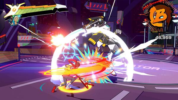 Hi-Fi RUSH screenshot: A character performs a dynamic attack on a robot in a vibrant, futuristic arena setting.