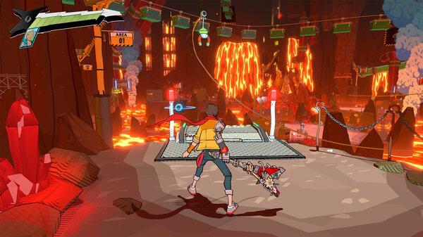 Hi-Fi RUSH screenshot: A character holding a guitar stands facing a fiery, vibrant industrial landscape.