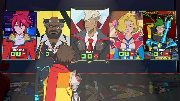 Hi-Fi RUSH screenshot: Chai observes a screen showing colorful character profiles of Korsica, Roquefort, Kale, Mimosa, and Zanzo.