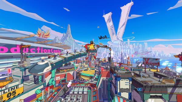 Hi-Fi RUSH screenshot: A character leaps across a colorful futuristic cityscape, with vibrant buildings and a distant skyline.