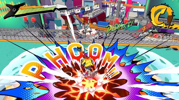 Screenshot from Hi-Fi RUSH showing a dynamic combat scene with colorful graphics and a "PHOOM" effect displayed prominently.