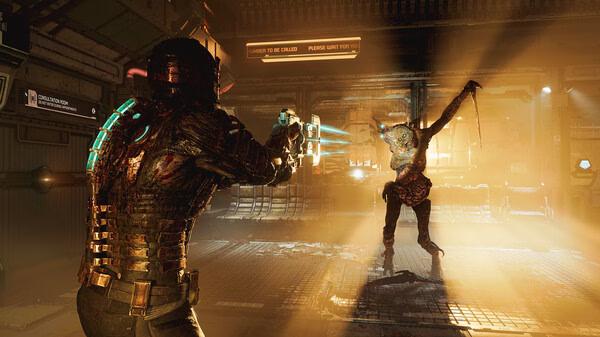 Dead Space screenshot: A player character aims a weapon at an attacking Necromorph in a dimly lit, industrial spaceship corridor.