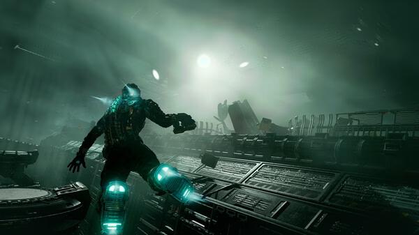 Dead Space screenshot showing a glowing astronaut navigating a dark, foggy spaceship corridor filled with eerie light and machinery.
