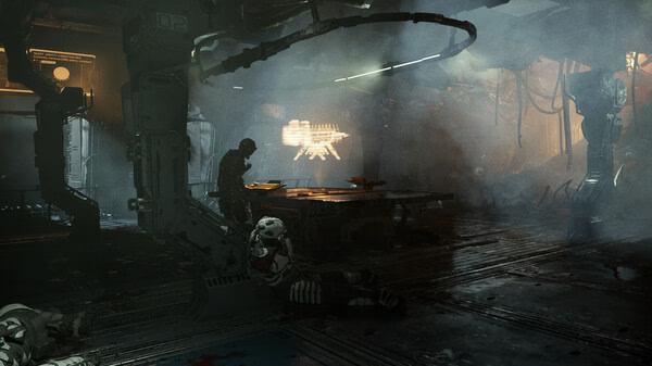 Screenshot from Dead Space game showing a lone figure in a dark, industrial space with eerie lighting and scattered debris.