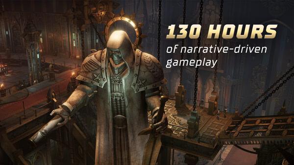 Screenshot from Warhammer 40,000: Rogue Trader showing a large statue in a gothic cathedral with text about 130 hours of gameplay.