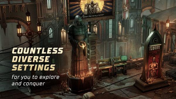 Screenshot of Warhammer 40,000: Rogue Trader showing a detailed gothic cityscape with statues, candles, and illuminated structures.