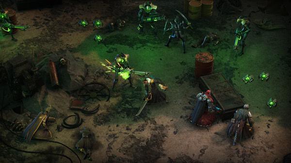 Warhammer 40,000: Rogue Trader screenshot showing a battle scene with characters wielding weapons, surrounded by glowing green objects.
