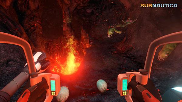 Subnautica screenshot showing a player's view from a vehicle, navigating a fiery underwater cave with fish and glowing lava.