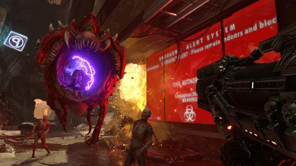 DOOM Eternal screenshot: A player aims at a floating Cacodemon surrounded by zombie-like creatures in a fiery, chaotic scene.