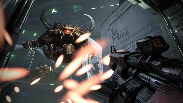 DOOM Eternal screenshot: A player aims a powerful weapon at a charging demon in a futuristic space station corridor.