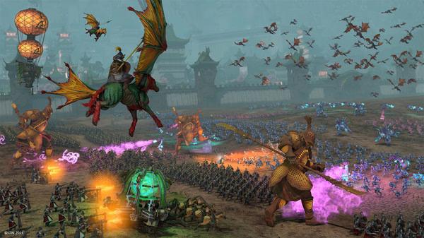 Screenshot from Total War: WARHAMMER III showing a large battle scene with dragons, infantry, and magical explosions.