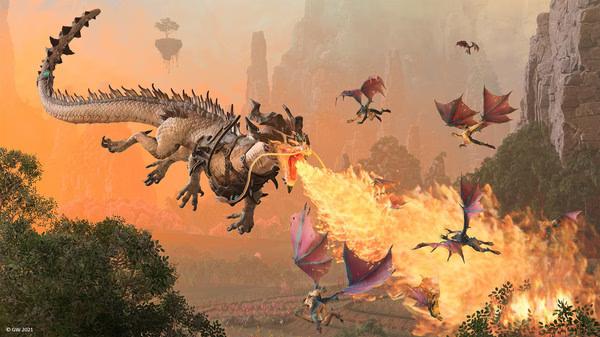 A dragon breathes fire at flying creatures in a scenic landscape in this Total War: WARHAMMER III screenshot.