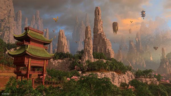 Screenshot from Total War: WARHAMMER III showing a pagoda amidst towering mountains and floating islands under a colorful sky.