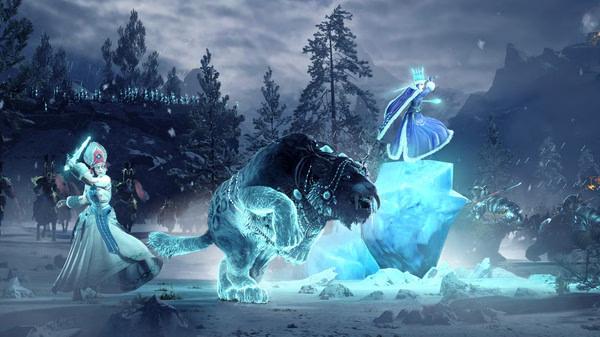 Screenshot from Total War: WARHAMMER III showing two spellcasters and an armored bear in a snowy forest.